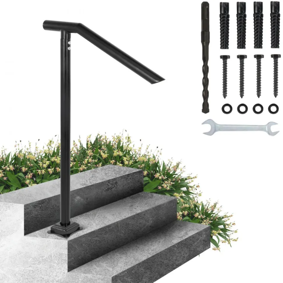 VEVOR 3Ft Step Railing, Iron Stair Handrail Floor Mounted Sturdy Black Arched Handrails for Outdoor Indoor Steps Fits 2 to 3 Steps