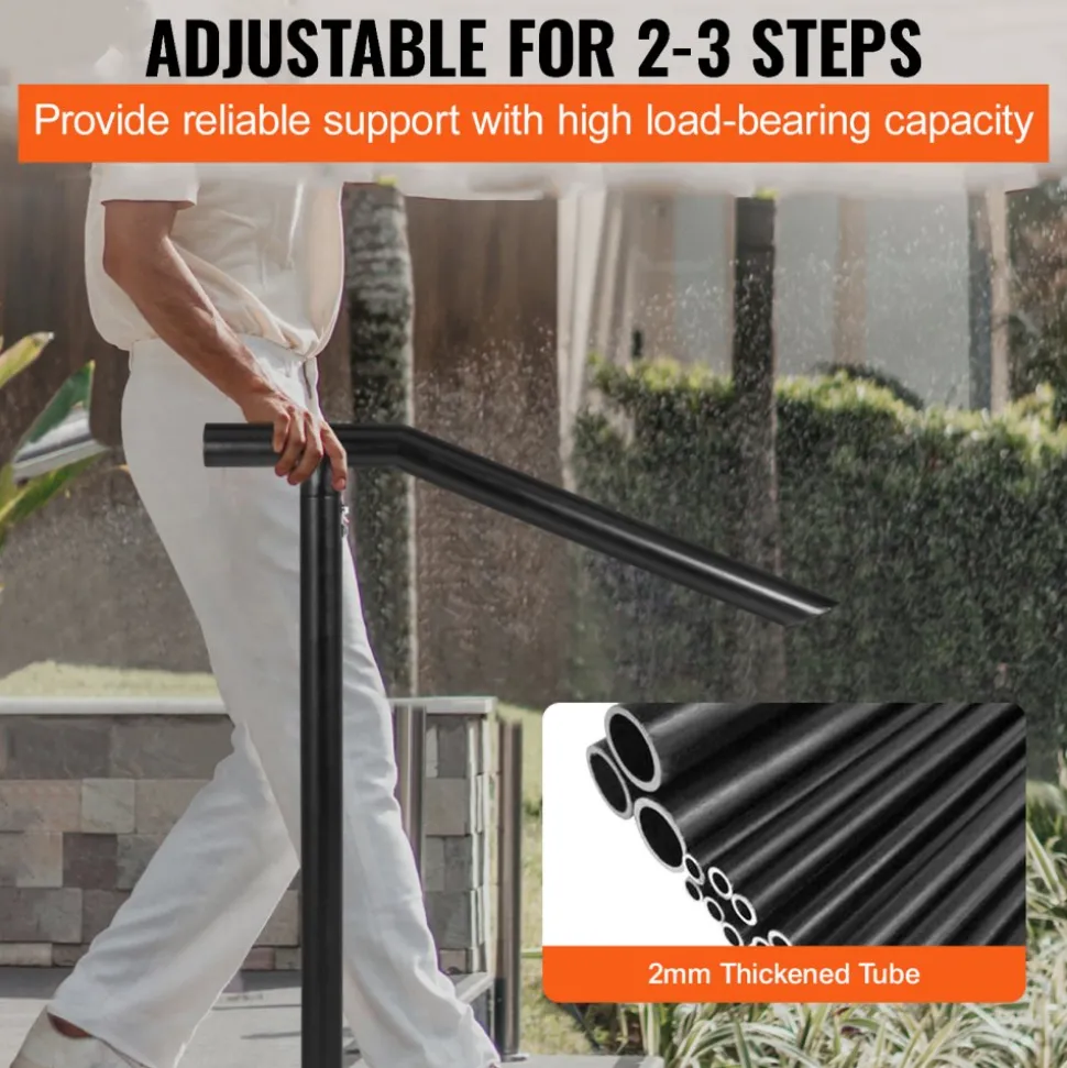 VEVOR 3Ft Step Railing, Iron Stair Handrail Floor Mounted Sturdy Black Arched Handrails for Outdoor Indoor Steps Fits 2 to 3 Steps