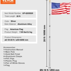 VEVOR 20FT Telescoping Flag pole Kit, Heavy Duty Aluminum Alloy in Ground Flag Poles for Outside, 3 Display Modes Flagpole with 3x5 American Flag, Professional Accessories, Silver