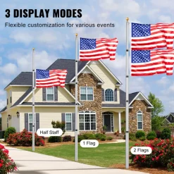 VEVOR 20FT Telescoping Flag pole Kit, Heavy Duty Aluminum Alloy in Ground Flag Poles for Outside, 3 Display Modes Flagpole with 3x5 American Flag, Professional Accessories, Silver