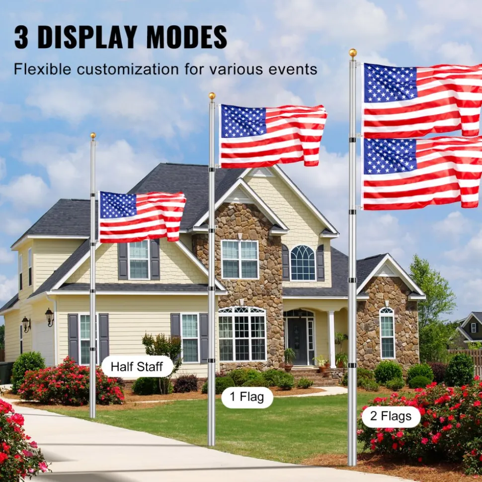 VEVOR 20FT Telescoping Flag pole Kit, Heavy Duty Aluminum Alloy in Ground Flag Poles for Outside, 3 Display Modes Flagpole with 3x5 American Flag, Professional Accessories, Silver