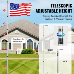 VEVOR 25FT Telescoping Flag pole Kit, Heavy Duty Aluminum Alloy in Ground Flag Poles for Outside, 3 Display Modes Flagpole with 3x5 American Flag, Professional Accessories, Silver
