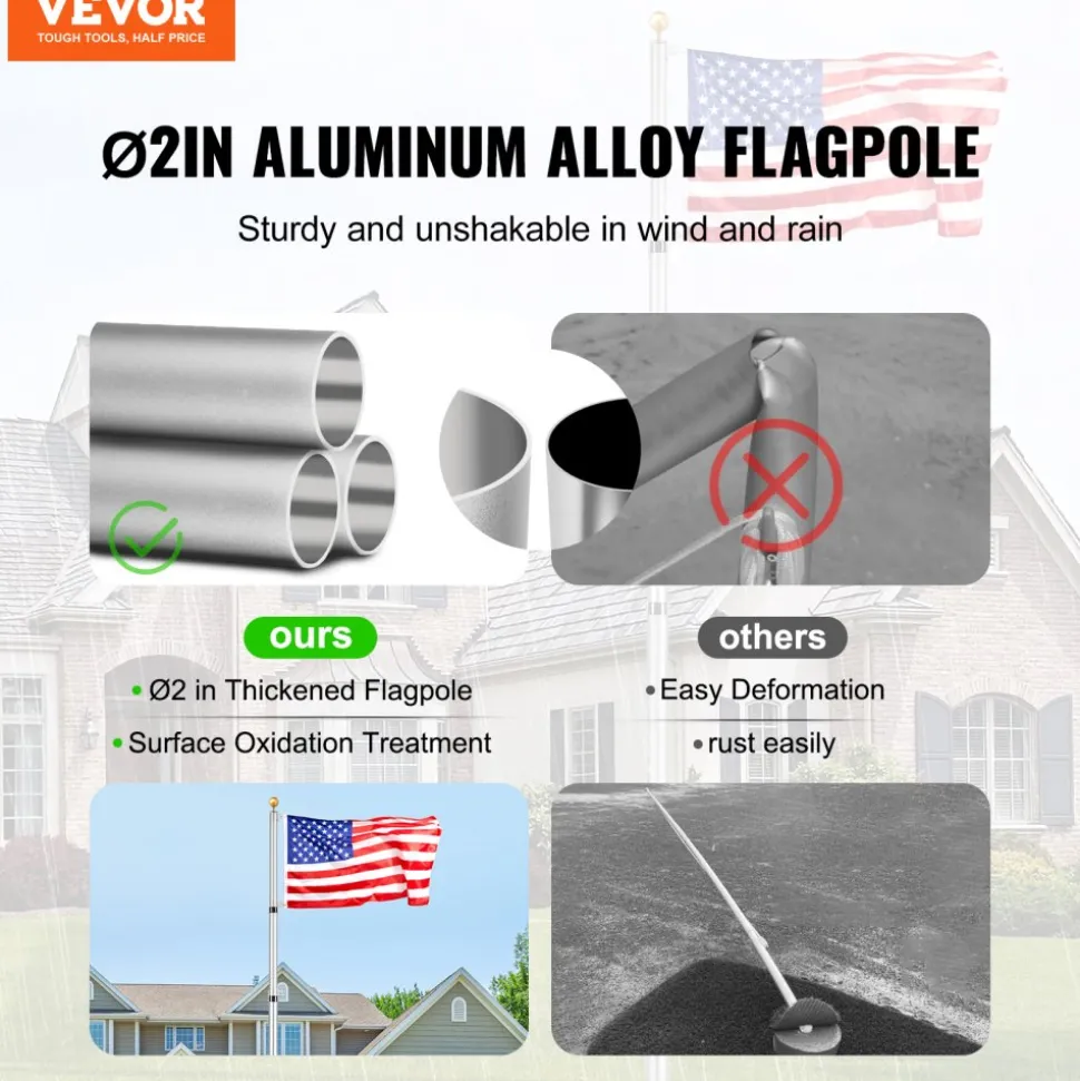 VEVOR 25FT Telescoping Flag pole Kit, Heavy Duty Aluminum Alloy in Ground Flag Poles for Outside, 3 Display Modes Flagpole with 3x5 American Flag, Professional Accessories, Silver