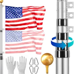 VEVOR 25FT Telescoping Flag pole Kit, Heavy Duty Aluminum Alloy in Ground Flag Poles for Outside, 3 Display Modes Flagpole with 3x5 American Flag, Professional Accessories, Silver