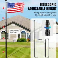 VEVOR 25FT Telescoping Flag pole Kit, Heavy Duty Aluminum Alloy in Ground Flag Poles for Outside, 3 Display Modes Flagpole with 3x5 American Flag, Professional Accessories, Black