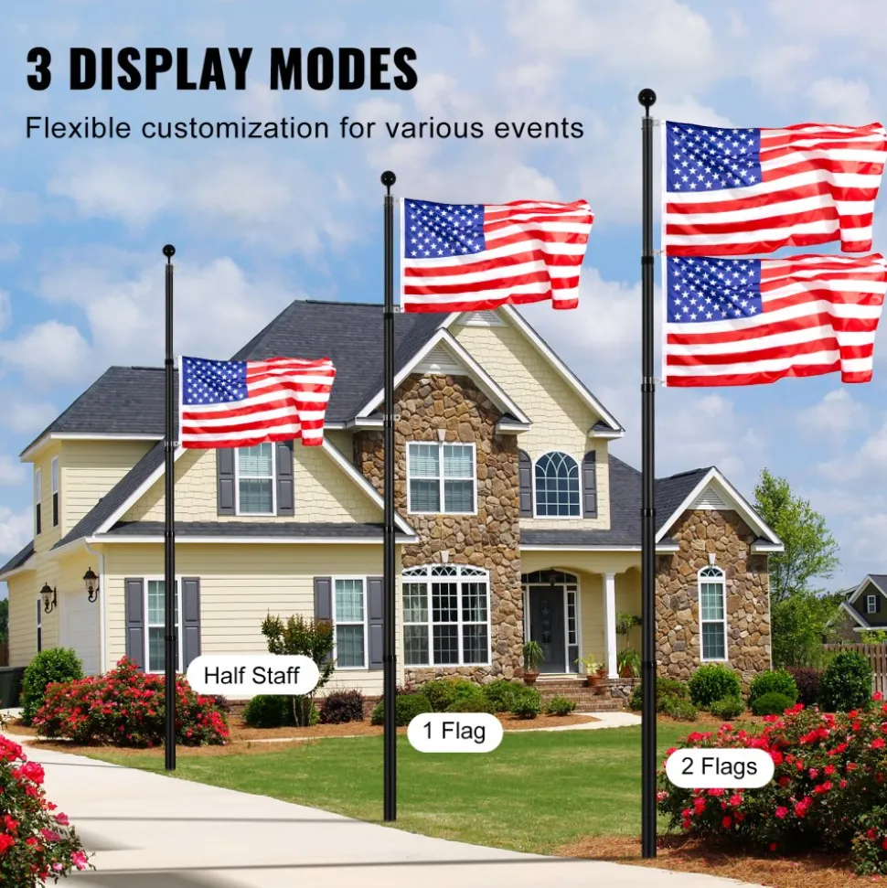 VEVOR 25FT Telescoping Flag pole Kit, Heavy Duty Aluminum Alloy in Ground Flag Poles for Outside, 3 Display Modes Flagpole with 3x5 American Flag, Professional Accessories, Black