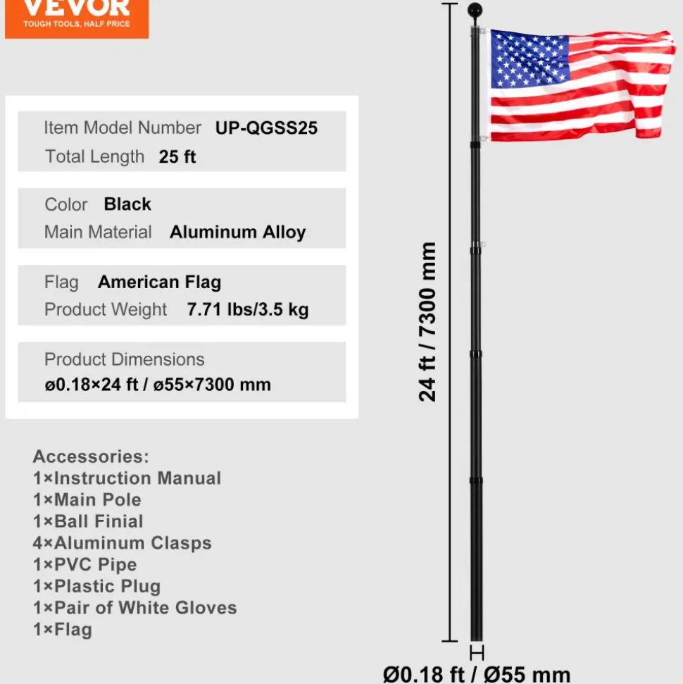 VEVOR 25FT Telescoping Flag pole Kit, Heavy Duty Aluminum Alloy in Ground Flag Poles for Outside, 3 Display Modes Flagpole with 3x5 American Flag, Professional Accessories, Black