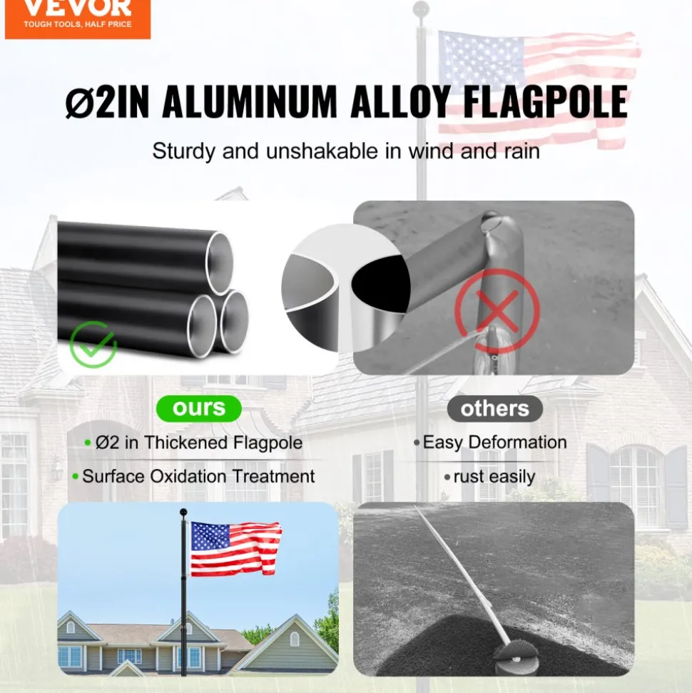 VEVOR 20FT Telescoping Flag pole Kit, Heavy Duty Aluminum Alloy in Ground Flag Poles for Outside, 3 Display Modes Flagpole with 3x5 American Flag, Professional Accessories, Black