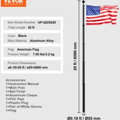 VEVOR 20FT Telescoping Flag pole Kit, Heavy Duty Aluminum Alloy in Ground Flag Poles for Outside, 3 Display Modes Flagpole with 3x5 American Flag, Professional Accessories, Black
