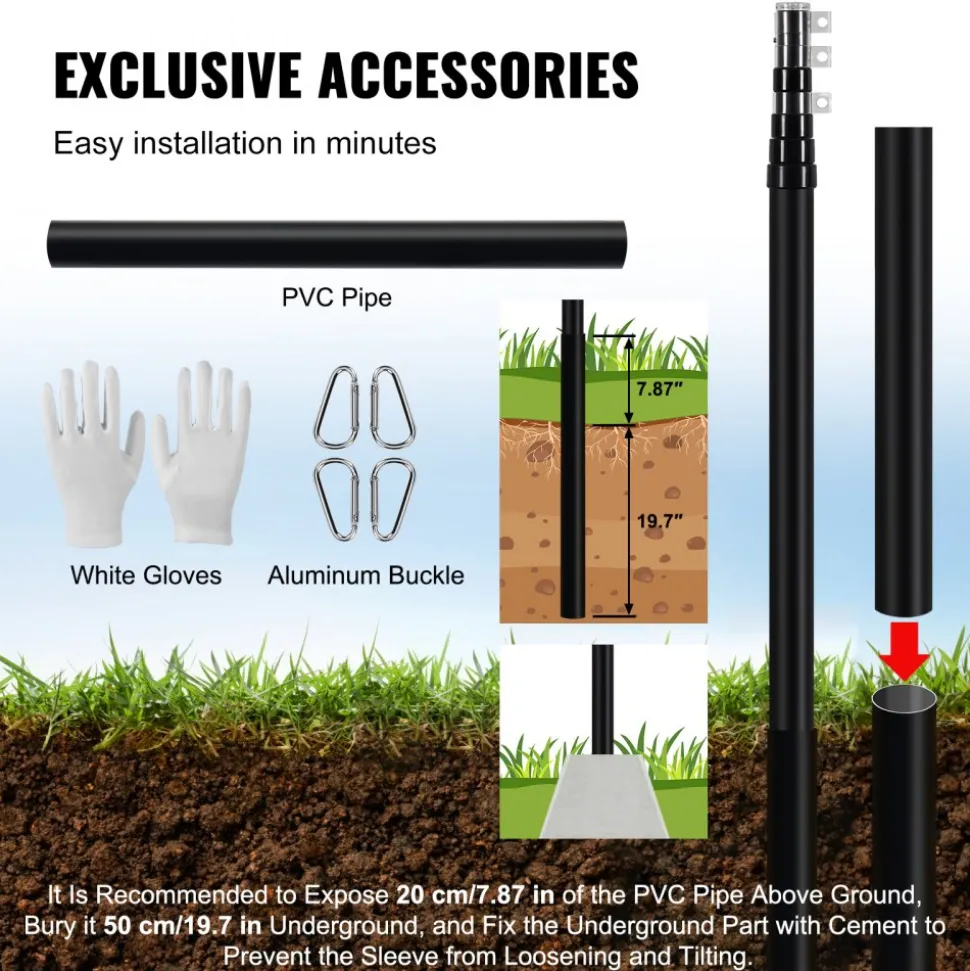 VEVOR 20FT Telescoping Flag pole Kit, Heavy Duty Aluminum Alloy in Ground Flag Poles for Outside, 3 Display Modes Flagpole with 3x5 American Flag, Professional Accessories, Black