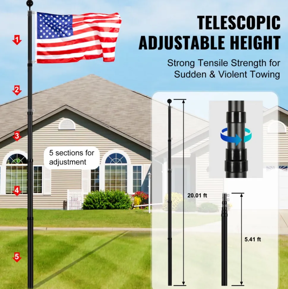 VEVOR 20FT Telescoping Flag pole Kit, Heavy Duty Aluminum Alloy in Ground Flag Poles for Outside, 3 Display Modes Flagpole with 3x5 American Flag, Professional Accessories, Black