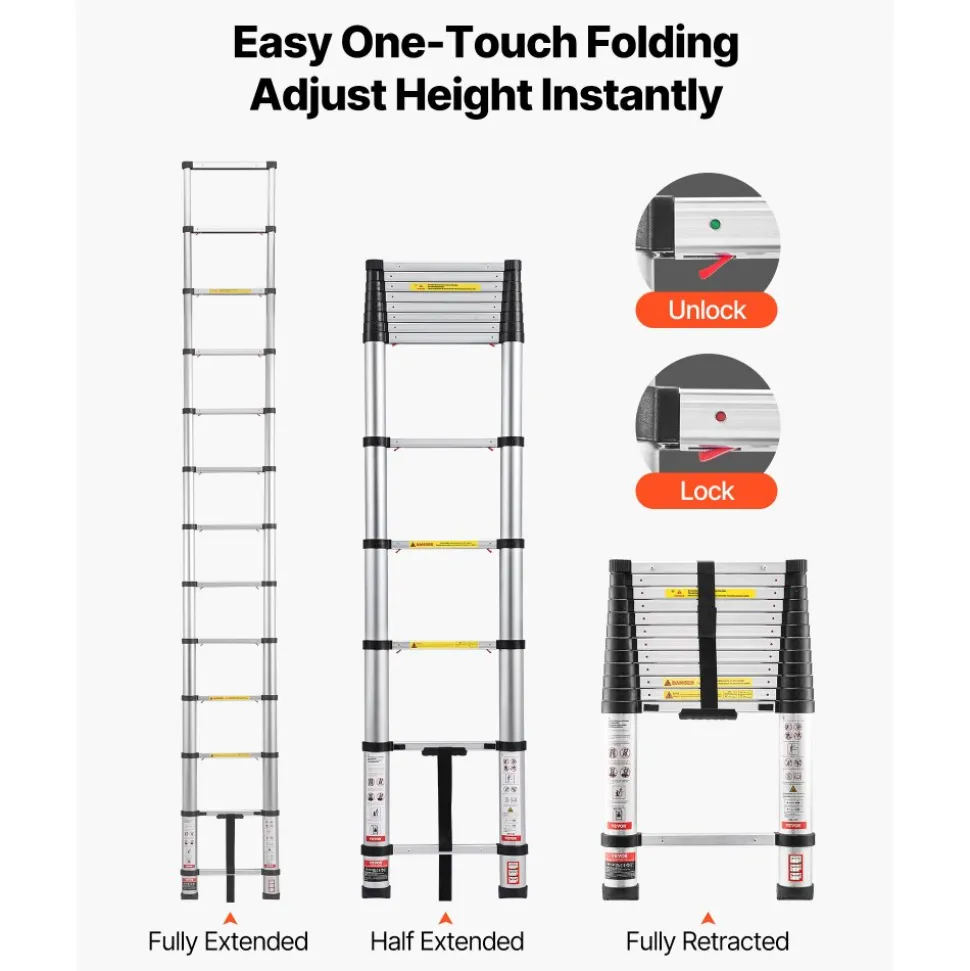 VEVOR 12.5ft Telescoping Ladder, Aluminum Lightweight Multi-Purpose Collapsible Extension, One-Touch Retraction Ladder, Heavy Duty 330LBS Max Capacity with Non-Slip Feet, for Home, Outdoor Work, Loft