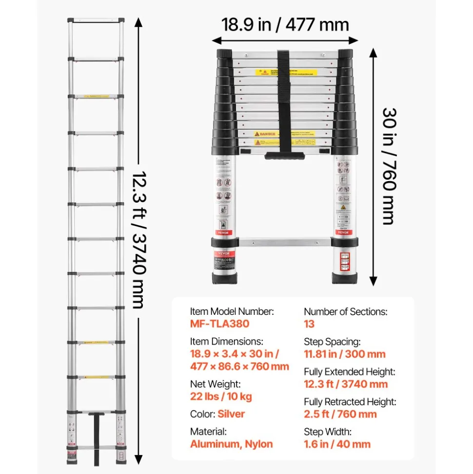VEVOR 12.5ft Telescoping Ladder, Aluminum Lightweight Multi-Purpose Collapsible Extension, One-Touch Retraction Ladder, Heavy Duty 330LBS Max Capacity with Non-Slip Feet, for Home, Outdoor Work, Loft