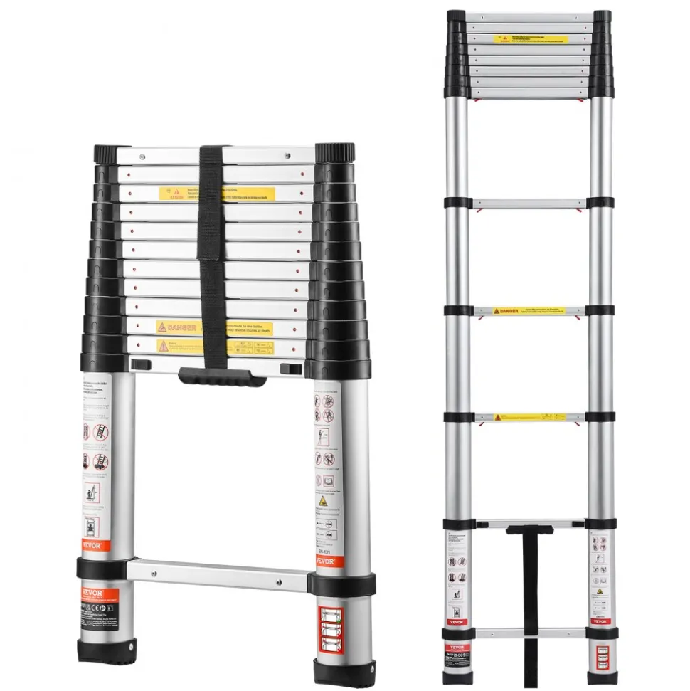 VEVOR 12.5ft Telescoping Ladder, Aluminum Lightweight Multi-Purpose Collapsible Extension, One-Touch Retraction Ladder, Heavy Duty 330LBS Max Capacity with Non-Slip Feet, for Home, Outdoor Work, Loft
