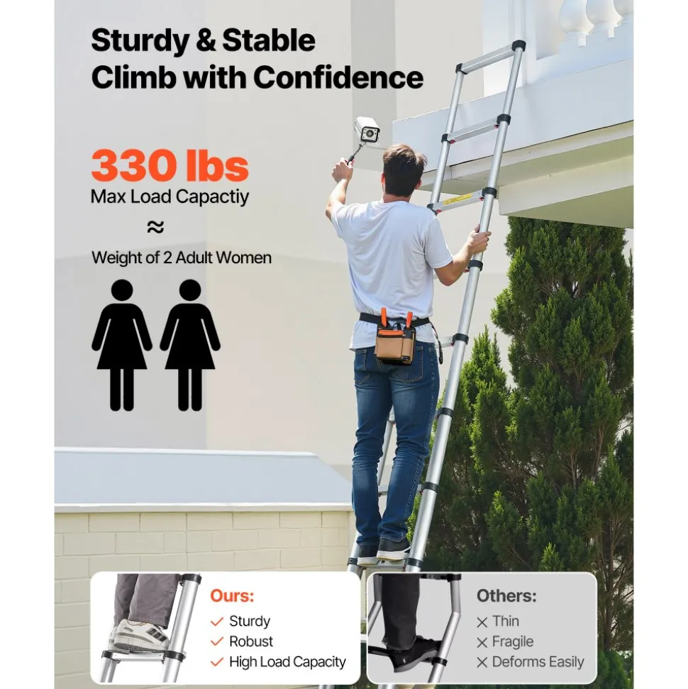 VEVOR 12.5ft Telescoping Ladder, Aluminum Lightweight Multi-Purpose Collapsible Extension, One-Touch Retraction Ladder, Heavy Duty 330LBS Max Capacity with Non-Slip Feet, for Home, Outdoor Work, Loft