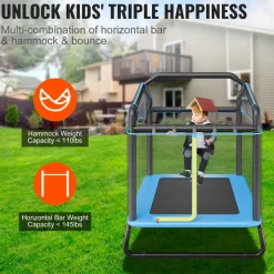VEVOR 6FT Trampoline for Kids, 72" Indoor/Outdoor Toddlers Trampoline, Mini Baby Trampoline with Safety Enclosure Net, Gymnastics Bar, Hammock, Recreational Trampoline Birthday Gift for 3+ Years Kids