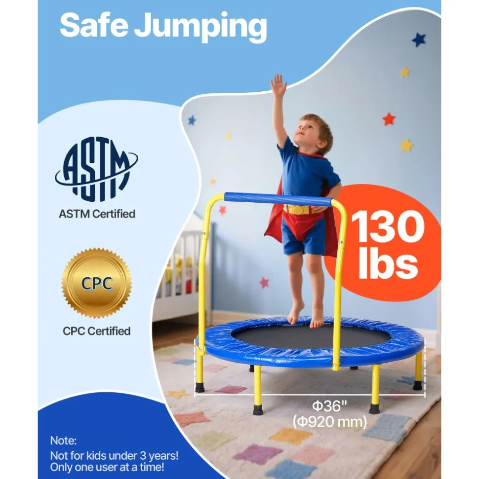 VEVOR 3FT Trampoline for Kids, 36" Trampolines Indoor/Outdoor Trampoline for Toddlers, Foldable Mini Baby Trampoline with Foam Handle, Recreational Trampoline Birthday Gift for 3+ Years Kids