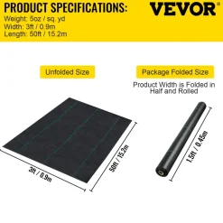 VEVOR 3FTx50FT Premium Weed Barrier Fabric Heavy Duty 5OZ, Woven Weed Control Fabric, High Permeability Good for Flower Bed, Geotextile Fabric for Underlayment, Polyethylene Ground Cover