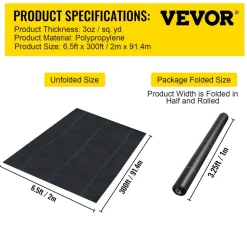 VEVOR 6.5FTx300FT Premium Weed Barrier Fabric Heavy Duty 3.2OZ, Woven Weed Control Fabric, High Permeability Good for Flower Bed, Geotextile Fabric for Underlayment, Polyethylene Ground Cover