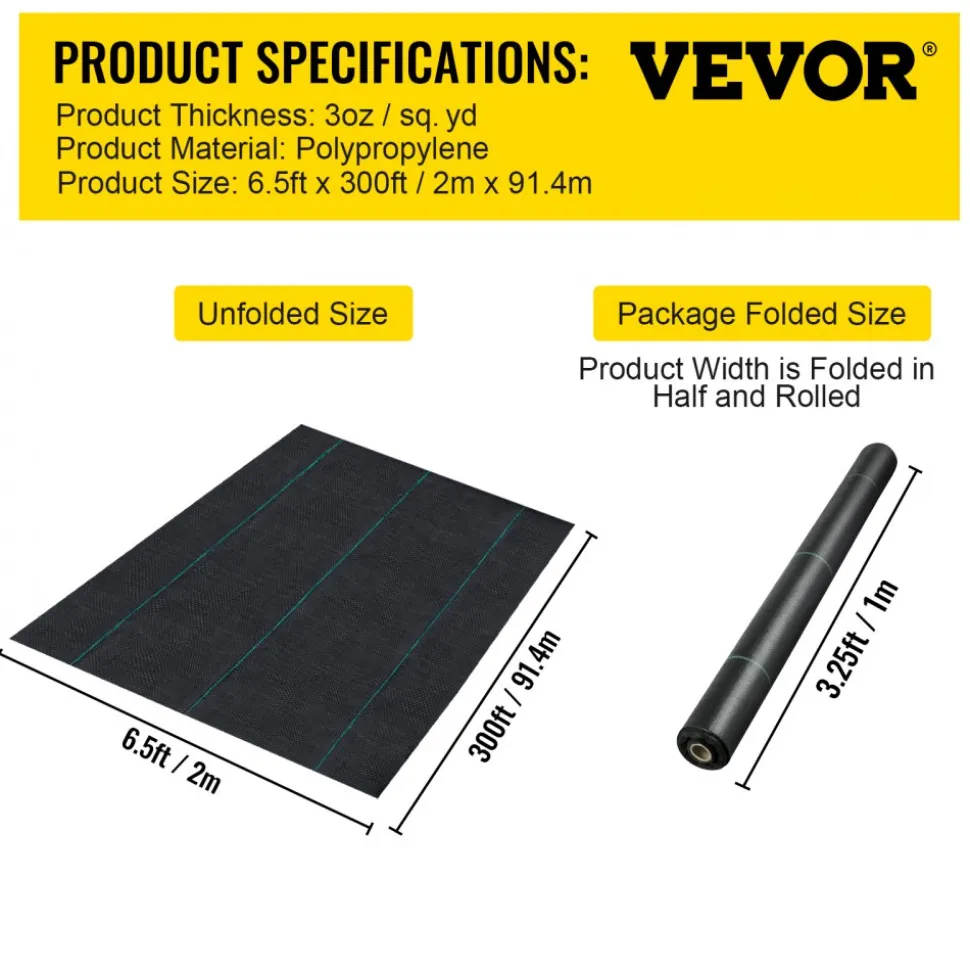 VEVOR 6.5FTx300FT Premium Weed Barrier Fabric Heavy Duty 3.2OZ, Woven Weed Control Fabric, High Permeability Good for Flower Bed, Geotextile Fabric for Underlayment, Polyethylene Ground Cover