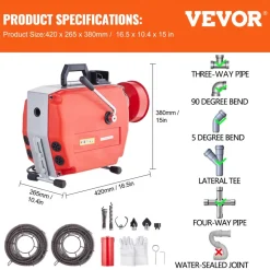 VEVOR 120FT x 7/8 Inch Drain Cleaner Machine, 420W Electric Sewer Snake Auger Manual Feed - with 6 Cutters, 2 Steel Cables (120' x 7/8