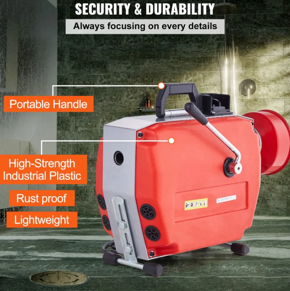VEVOR 120FT x 7/8 Inch Drain Cleaner Machine, 420W Electric Sewer Snake Auger Manual Feed - with 6 Cutters, 2 Steel Cables (120' x 7/8" and 18' x 3/8") & CW/CCW Control for 1.9" to 6" Pipes