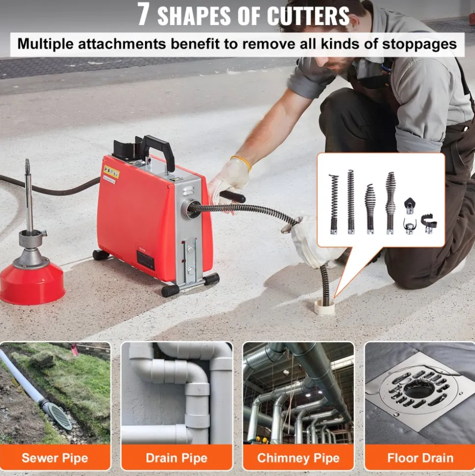 VEVOR 66FT x 5/8 Inch Drain Cleaner Machine, 250W Electric Sewer Snake Auger Manual Feed - with 7 Cutters, 2 Steel Cables (66' x 5/8" and 15' x 3/8")& CW/CCW Control for 1.6" to 4" Pipes