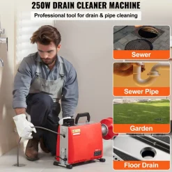 VEVOR 66FT x 5/8 Inch Drain Cleaner Machine, 250W Electric Sewer Snake Auger Manual Feed - with 7 Cutters, 2 Steel Cables (66' x 5/8