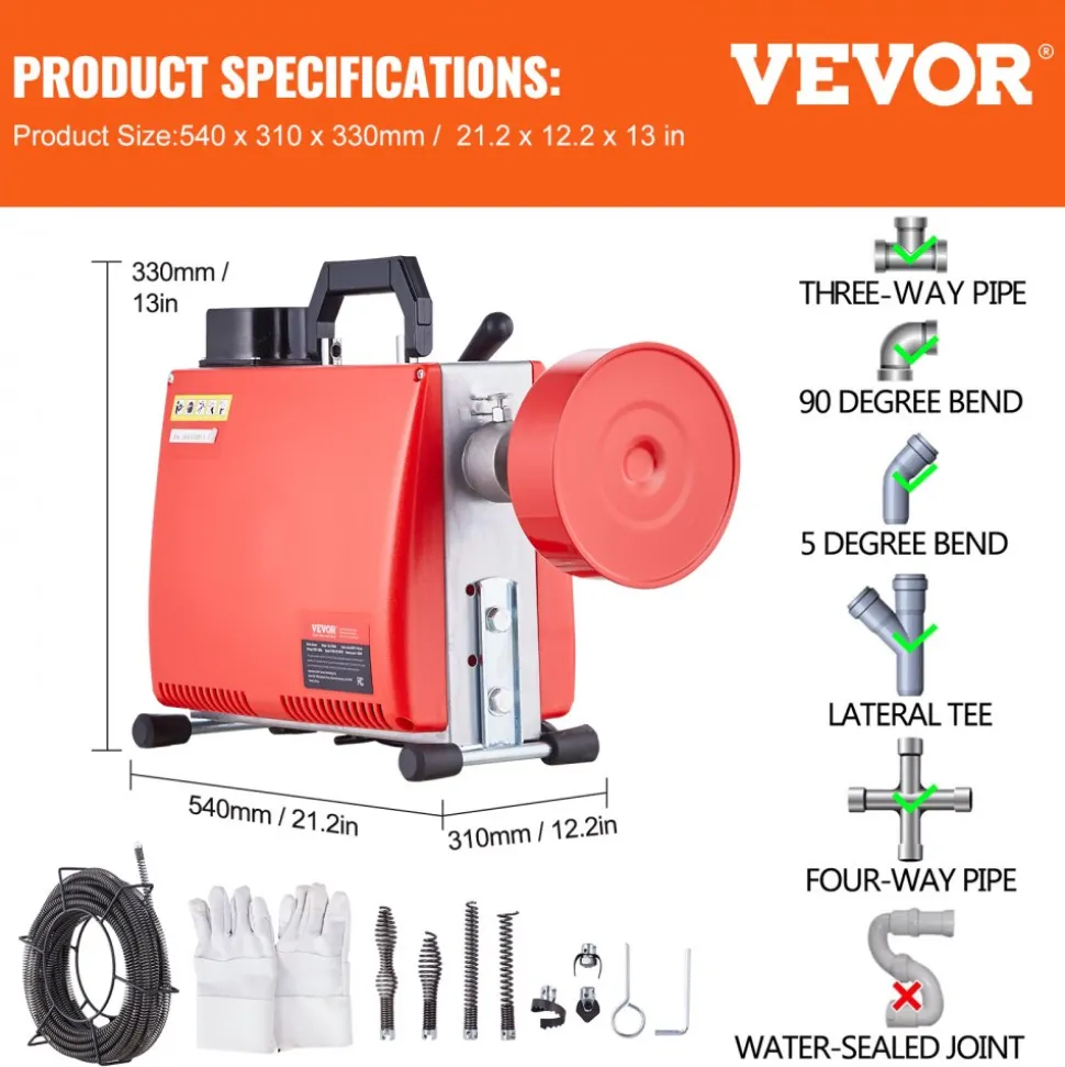 VEVOR 66FT x 5/8 Inch Drain Cleaner Machine, 250W Electric Sewer Snake Auger Manual Feed - with 7 Cutters, 2 Steel Cables (66' x 5/8" and 15' x 3/8")& CW/CCW Control for 1.6" to 4" Pipes