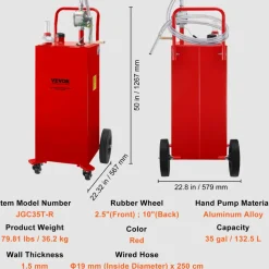 VEVOR Fuel Caddy, 35 Gallon, Gas Storage Tank on 4 Wheels, with Manuel Transfer Pump, Gasoline Diesel Fuel Container for Cars, Lawn Mowers, ATVs, Boats, More, Red