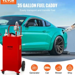 VEVOR Fuel Caddy, 35 Gallon, Gas Storage Tank on 4 Wheels, with Manuel Transfer Pump, Gasoline Diesel Fuel Container for Cars, Lawn Mowers, ATVs, Boats, More, Red