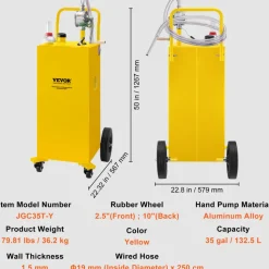 VEVOR Fuel Caddy, 35 Gallon, Gas Storage Tank on 4 Wheels, with Manuel Transfer Pump, Gasoline Diesel Fuel Container for Cars, Lawn Mowers, ATVs, Boats, More, Yellow
