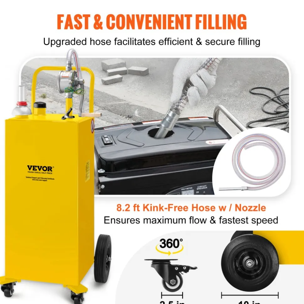 VEVOR Fuel Caddy, 35 Gallon, Gas Storage Tank on 4 Wheels, with Manuel Transfer Pump, Gasoline Diesel Fuel Container for Cars, Lawn Mowers, ATVs, Boats, More, Yellow
