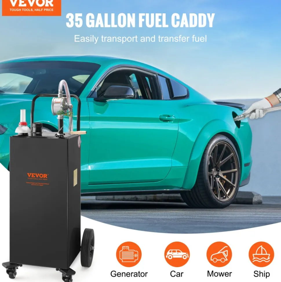 VEVOR Fuel Caddy, 35 Gallon, Gas Storage Tank on 4 Wheels, with Manual Transfer Pump, Gasoline Diesel Fuel Container for Cars, Lawn Mowers, ATVs, Boats, More, Black