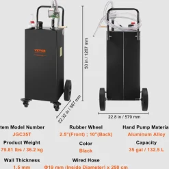 VEVOR Fuel Caddy, 35 Gallon, Gas Storage Tank on 4 Wheels, with Manual Transfer Pump, Gasoline Diesel Fuel Container for Cars, Lawn Mowers, ATVs, Boats, More, Black