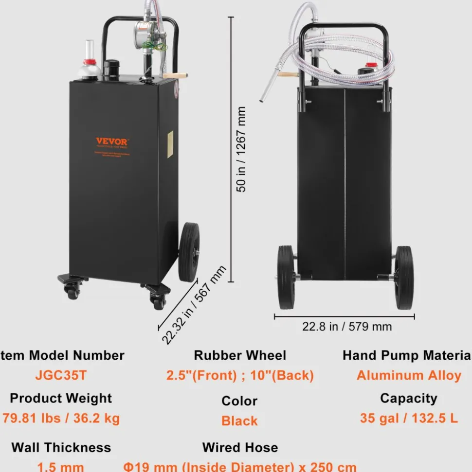 VEVOR Fuel Caddy, 35 Gallon, Gas Storage Tank on 4 Wheels, with Manual Transfer Pump, Gasoline Diesel Fuel Container for Cars, Lawn Mowers, ATVs, Boats, More, Black
