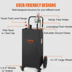 VEVOR Fuel Caddy, 35 Gallon, Gas Storage Tank on 4 Wheels, with Manual Transfer Pump, Gasoline Diesel Fuel Container for Cars, Lawn Mowers, ATVs, Boats, More, Black