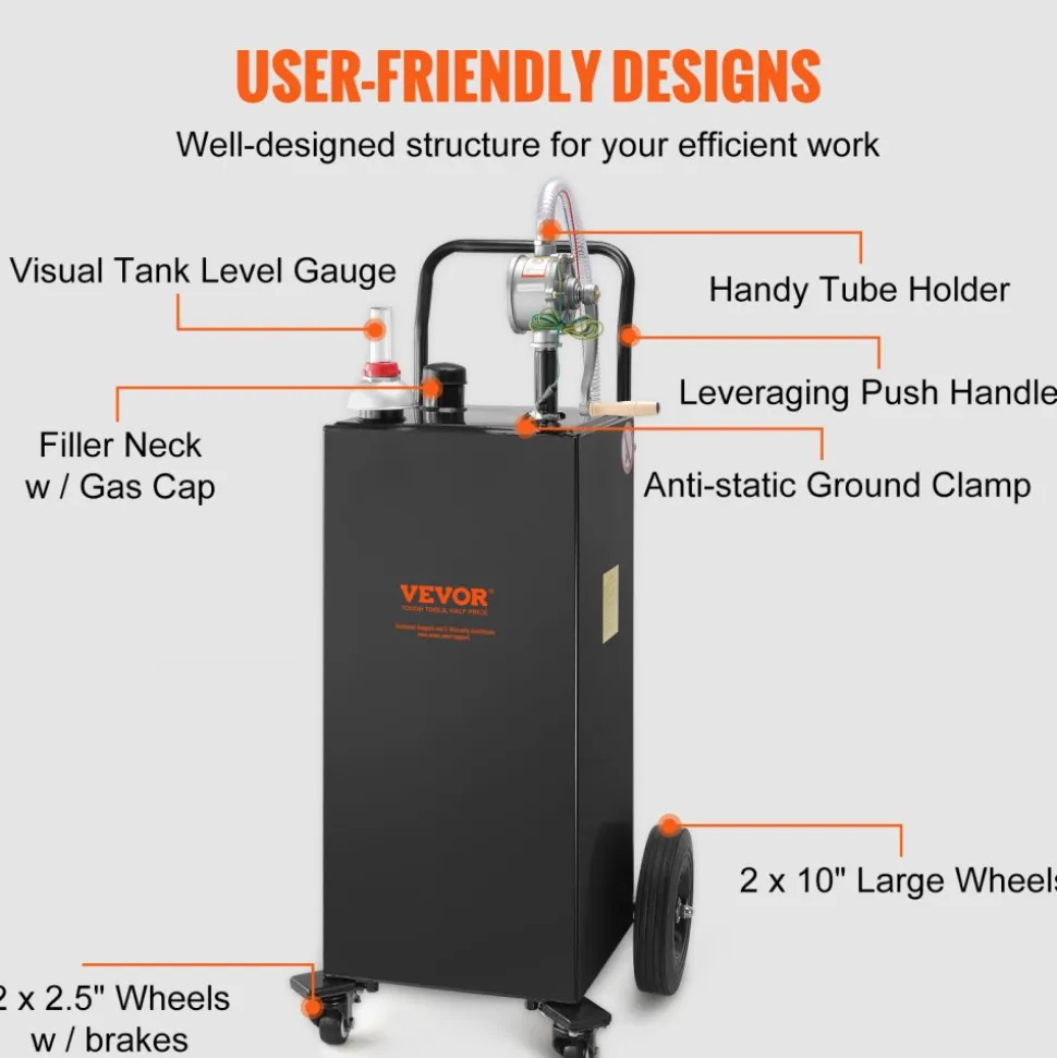 VEVOR Fuel Caddy, 35 Gallon, Gas Storage Tank on 4 Wheels, with Manual Transfer Pump, Gasoline Diesel Fuel Container for Cars, Lawn Mowers, ATVs, Boats, More, Black