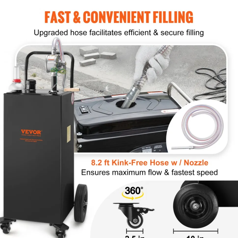 VEVOR Fuel Caddy, 35 Gallon, Gas Storage Tank on 4 Wheels, with Manual Transfer Pump, Gasoline Diesel Fuel Container for Cars, Lawn Mowers, ATVs, Boats, More, Black