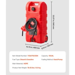 VEVOR Fuel Caddy, 15 Gallon, Portable Fuel Tank with Gravity & Hand Pump Modes, Fuel Tank Container with Wheels, 10 ft Delivery Hose & Manual Pump, Gas Caddy for Motorboats, ATVs, Gasoline & Diesel