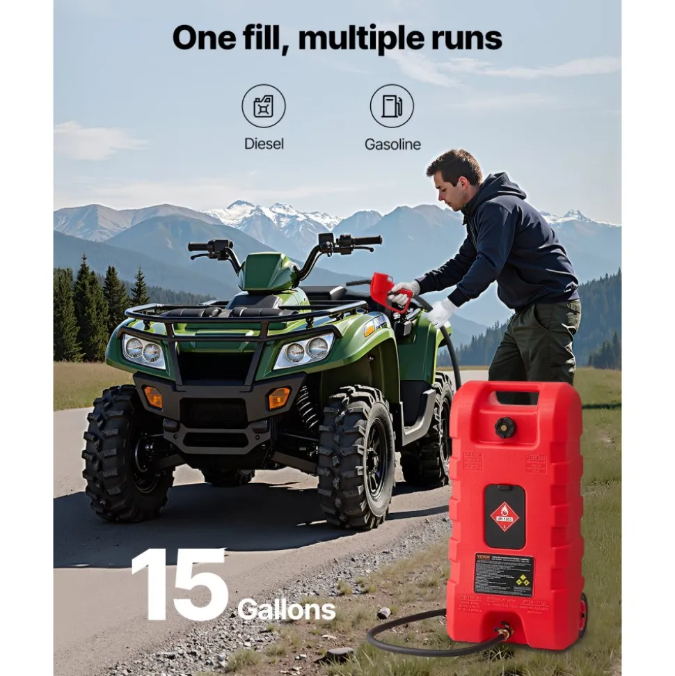 VEVOR Fuel Caddy, 15 Gallon, Portable Fuel Tank with Gravity & Hand Pump Modes, Fuel Tank Container with Wheels, 10 ft Delivery Hose & Manual Pump, Gas Caddy for Motorboats, ATVs, Gasoline & Diesel