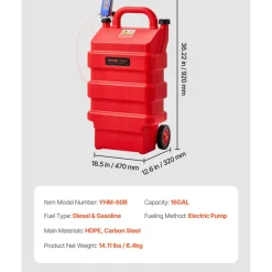 VEVOR Fuel Caddy, 16 Gallon, Portable Fuel Tank with 12V DC 2.5 GPM Electric Fuel Transfer Pump, 4 ft Delivery Hose & Auto-Stop Sensor Nozzle, Tank Adapters, Suitable for Diesel & Gasoline, Red