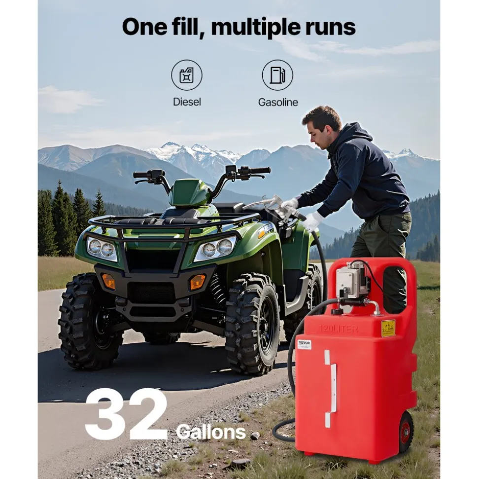 VEVOR Fuel Caddy, 32 Gallon, Portable Fuel Tank with 12V DC 15 GPM Electric Fuel Transfer Pump, 13 ft Delivery Hose & Aluminum Alloy Manual Nozzle, Gas Caddy for Motorboats, ATVs, Diesel & Gasoline