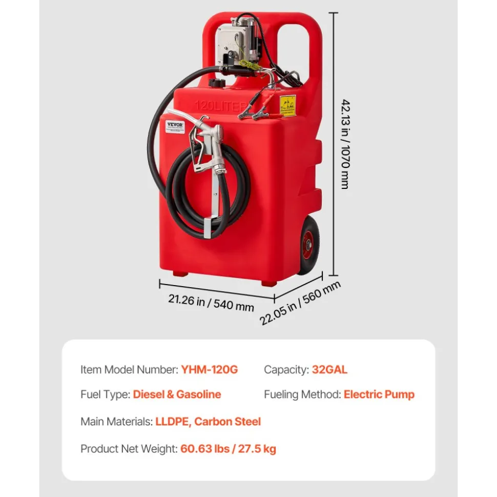 VEVOR Fuel Caddy, 32 Gallon, Portable Fuel Tank with 12V DC 15 GPM Electric Fuel Transfer Pump, 13 ft Delivery Hose & Aluminum Alloy Manual Nozzle, Gas Caddy for Motorboats, ATVs, Diesel & Gasoline