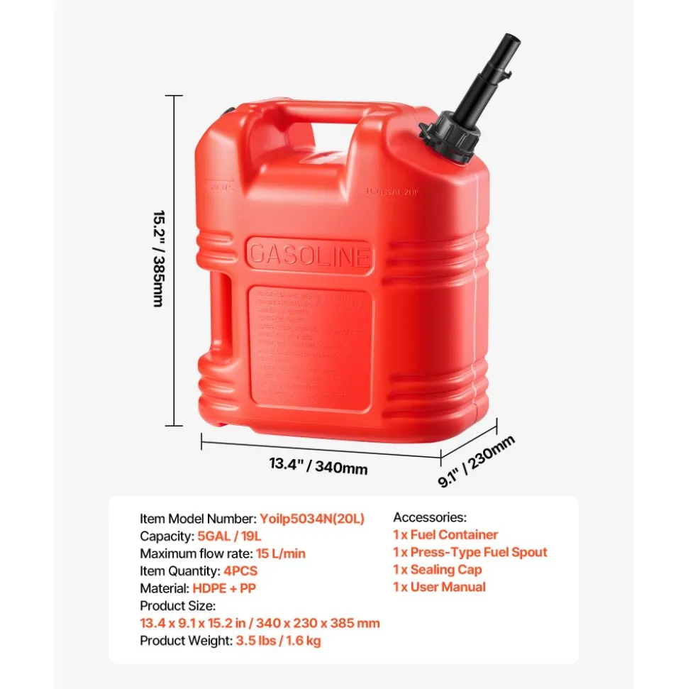VEVOR Fuel Container, 5 Gallon, Gas Tank with Spout & Clear Scale, 15 L/min Max Flow Rate, Secure & Leak-proof, Portable Flat Fluid Container for Most Cars Motorcycle ATV UTV, Red, 4 Packs