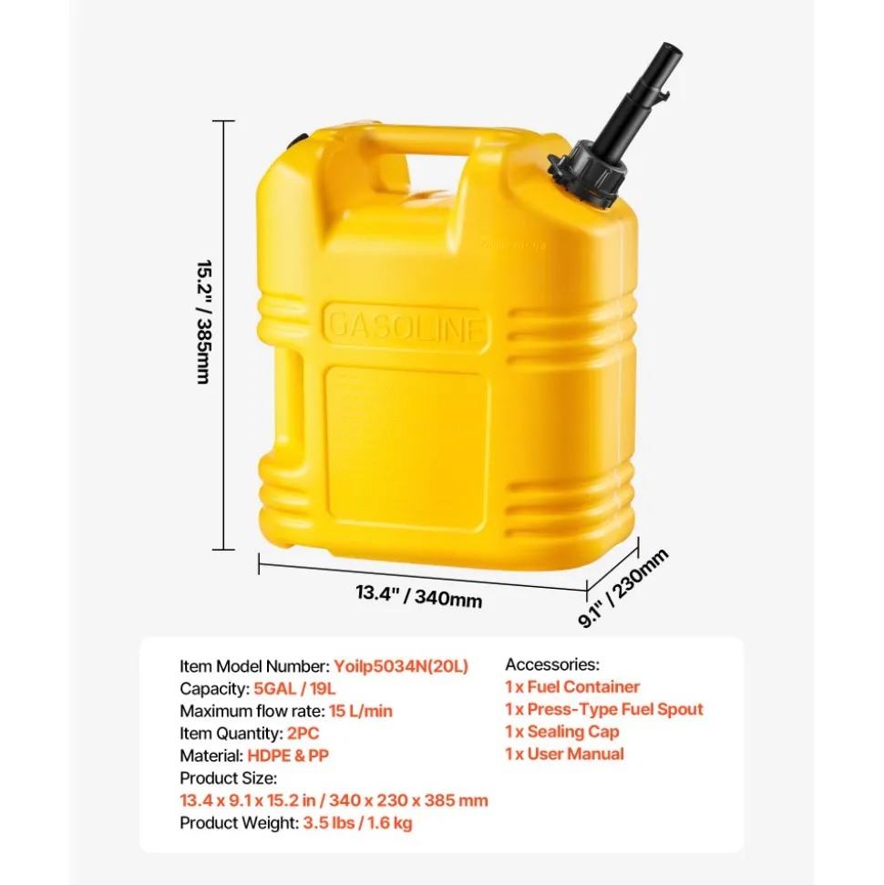 VEVOR Fuel Container, 5 Gallon, Gas Tank with Spout & Clear Scale, 15 L/min Max Flow Rate, Secure & Leak-proof, Portable Flat Fluid Container for Most Cars Motorcycle ATV UTV, Red, 1 Pack