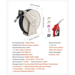 VEVOR Fuel Hose Reel, 1 inch x 33 ft Retractable, Spring Driven Auto Swivel Rewind, 300 PSI, Heavy-Duty Carbon Steel Construction with Industrial Grade Rubber Hose, for Diesel Fuel, Kerosene