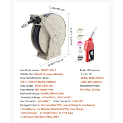 VEVOR Fuel Hose Reel, 3/4 inch x 50 ft Retractable, Spring Driven Auto Swivel Rewind, 300 PSI, Heavy-Duty Carbon Steel Construction with Industrial Grade Rubber Hose, for Diesel Fuel, Kerosene