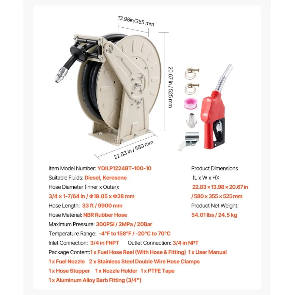 VEVOR Fuel Hose Reel, 3/4 inch x 33 ft Retractable, Spring Driven Auto Swivel Rewind, 300 PSI, Heavy-Duty Carbon Steel Construction with Industrial Grade Rubber Hose, for Diesel Fuel, Kerosene