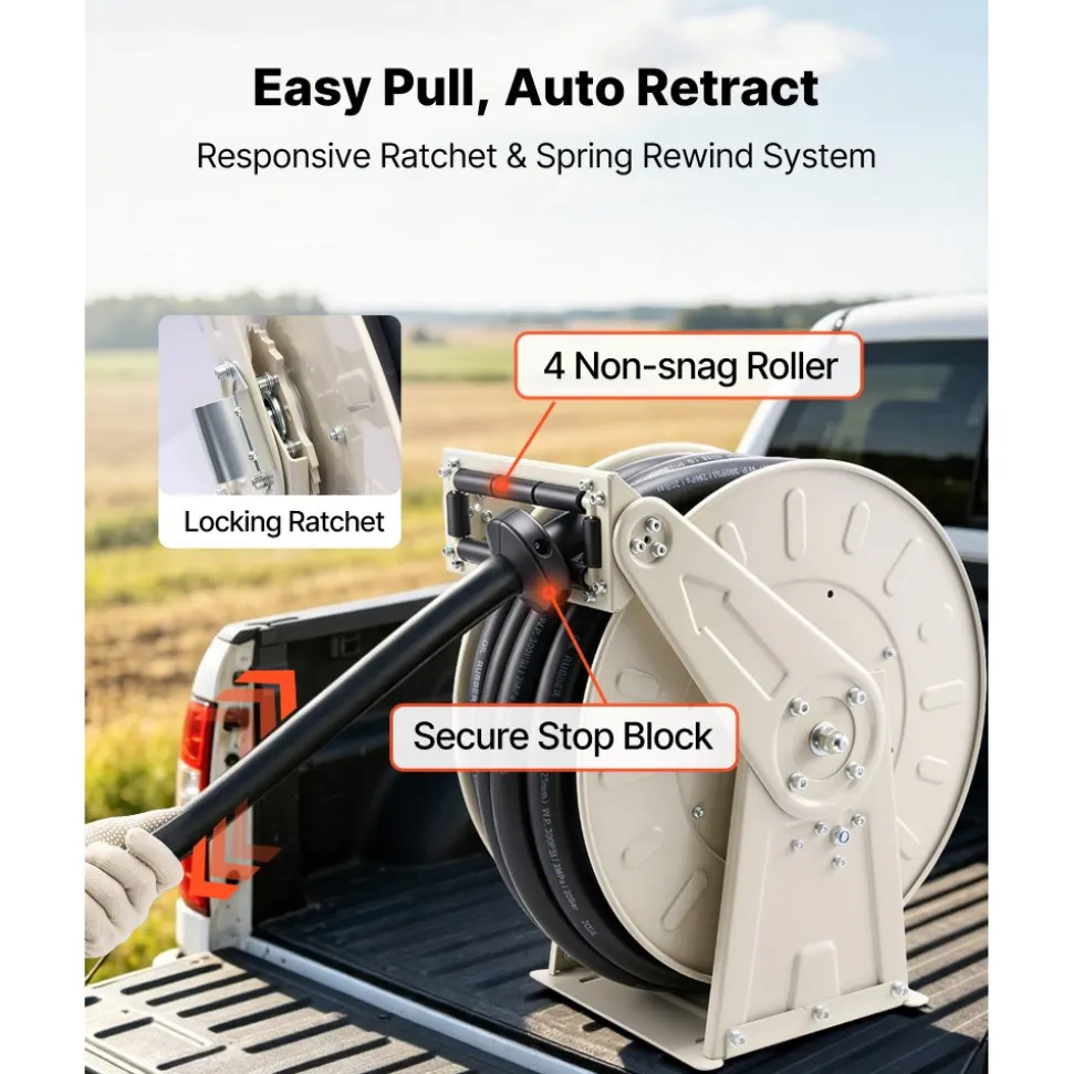 VEVOR Fuel Hose Reel, 3/4 inch x 66 ft Retractable, Spring Driven Auto Swivel Rewind, 300 PSI, Heavy-Duty Carbon Steel Construction with Industrial Grade Rubber Hose, for Diesel Fuel, Kerosene